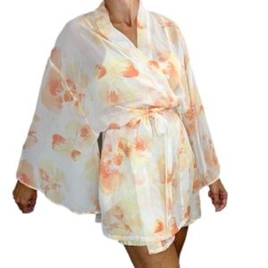 La Vie En Rose white peach yellow floral chiffon kimono jacket robe L XL